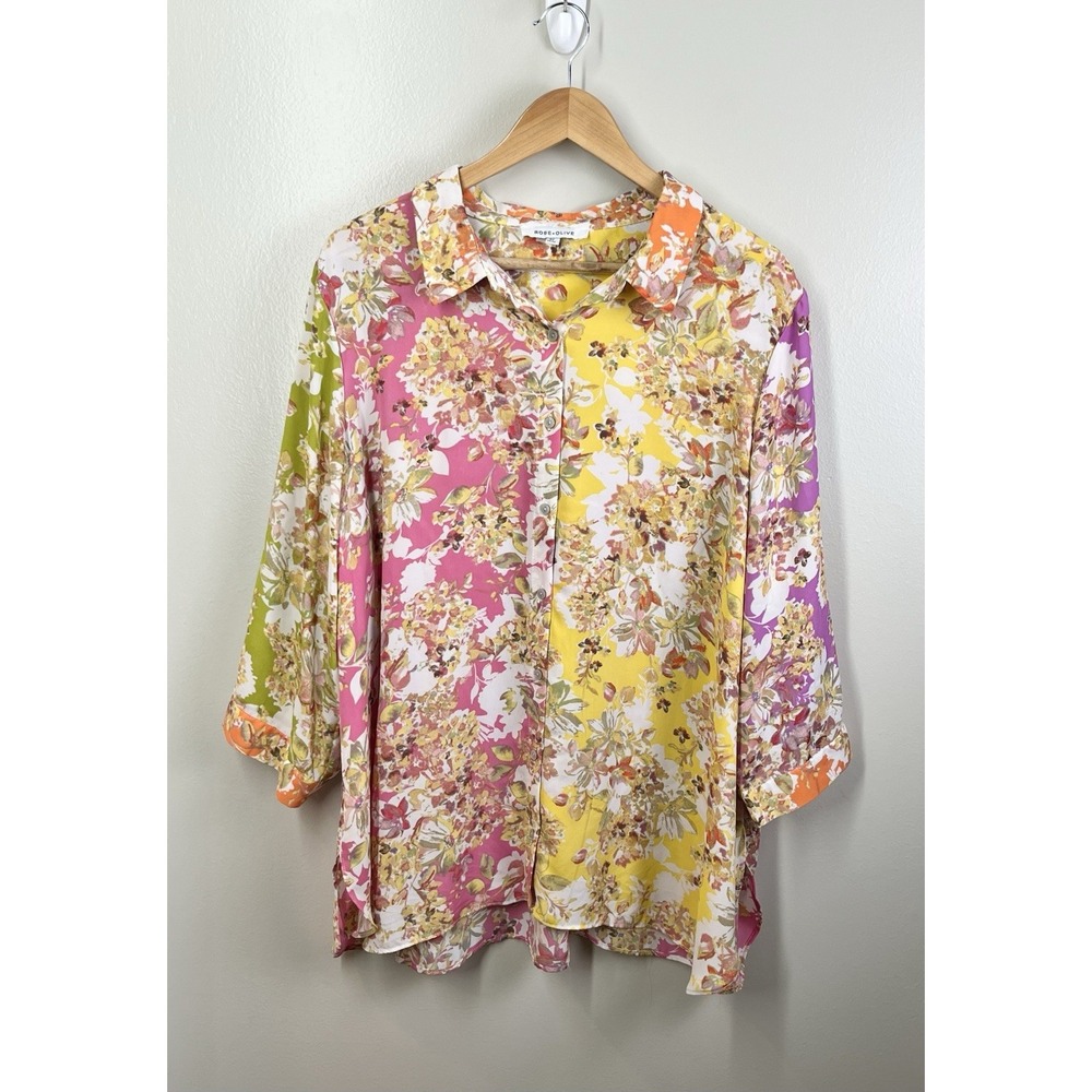 Rose & Olive Button Down Floral Button Up Womens Plus Size 2X Preppy Classic